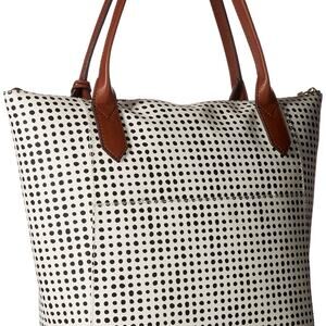 FOSSIL Emma Tote White with Black Polka Dots Brown Trim Handbag Coated Canvas